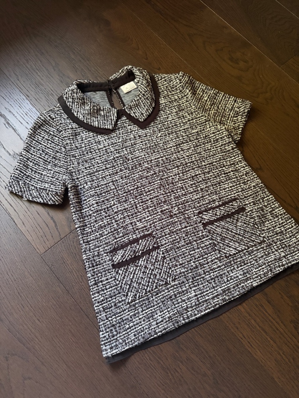 Black & White Tweed Short-Sleeve Top with Peter Pan Collar